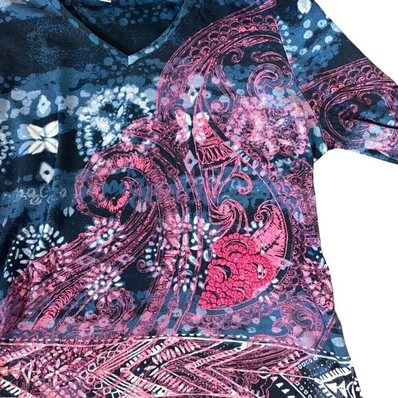 Chico's V-Neck 3/4 Sleeve Top Beaded Embroidered Sz 1 (M/8) #57B - Picture 6 of 9